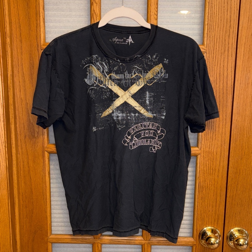 EUC Aqua Charcoal Tee with Sword Design and Embroidery